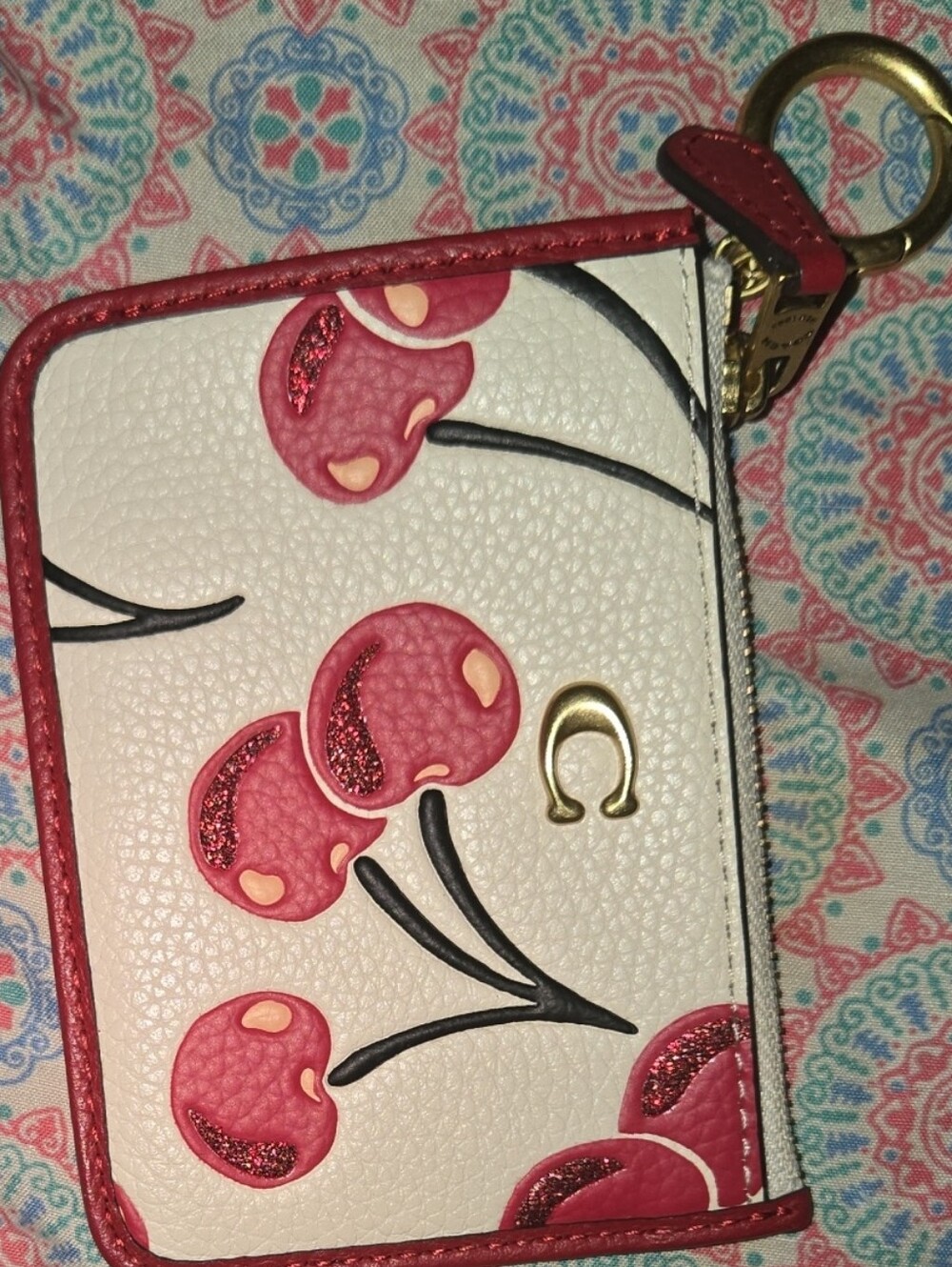 Coach White Cherry Appliqué Leather Card Case with Red Trim